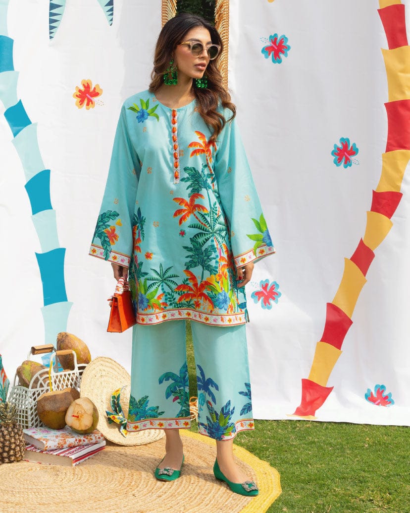 Tropical Bliss Aqua Lawn Kurta Set