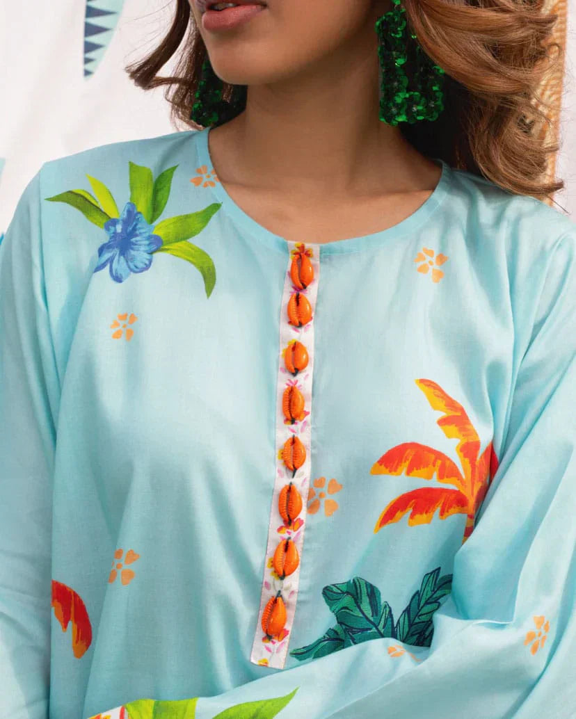 Tropical Bliss Aqua Lawn Kurta Set
